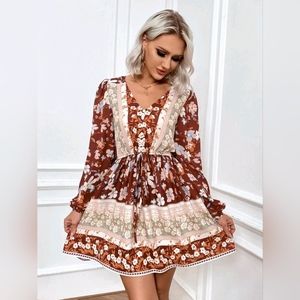 NWT Eilly Bazar Lantern Sleeve Boho Floral Dress Size XS